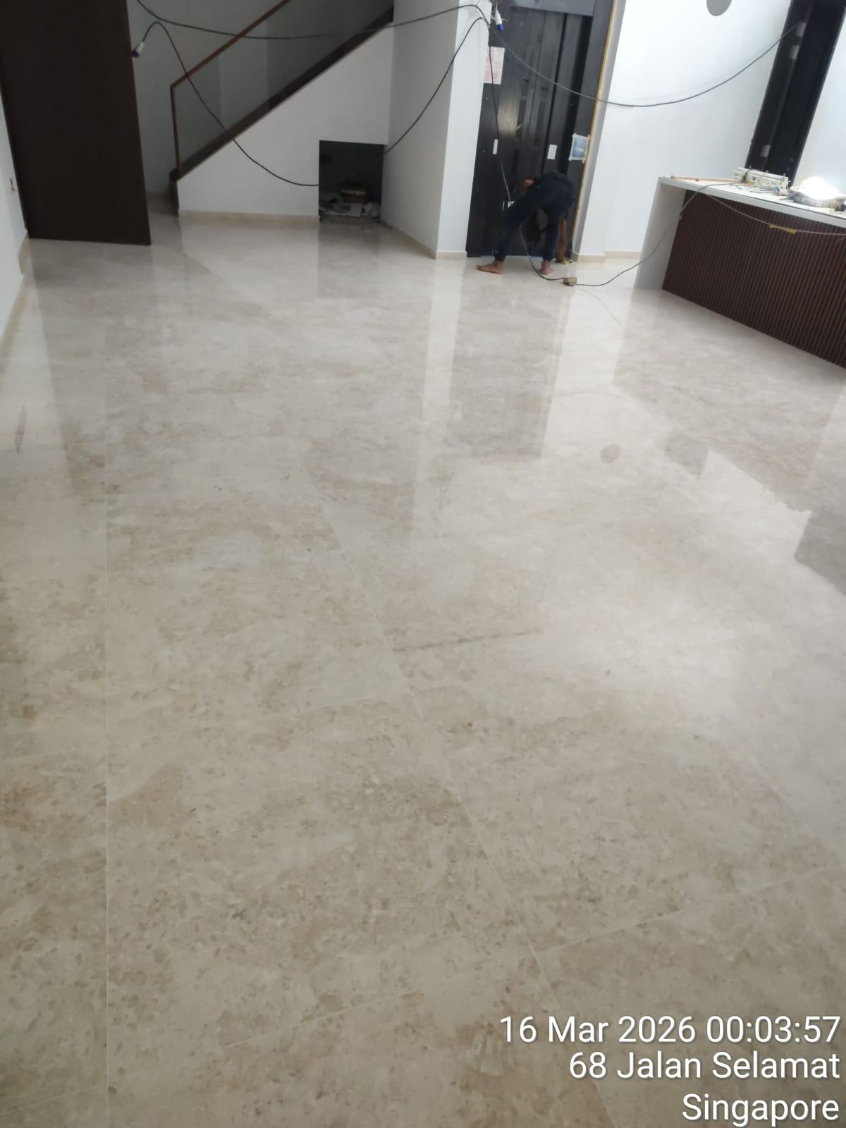 Real photo: marble floor polished to a high-gloss finish after regrouting, Jalan Selamat, Singapore